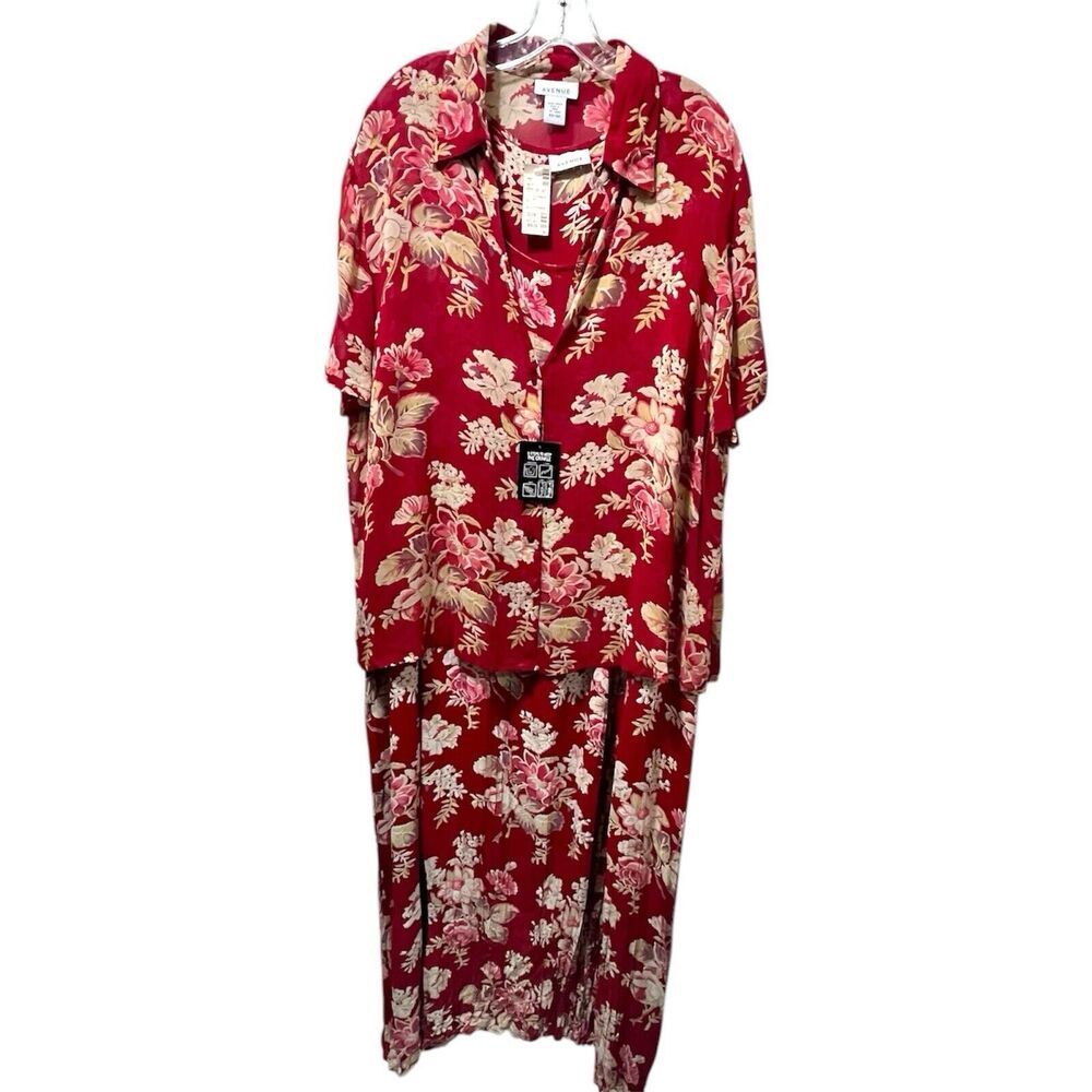 Avenue NWT 2 Piece Maxi Dress Blouse Set 22/24 Floral Red Sheer Crinkle Chiffon